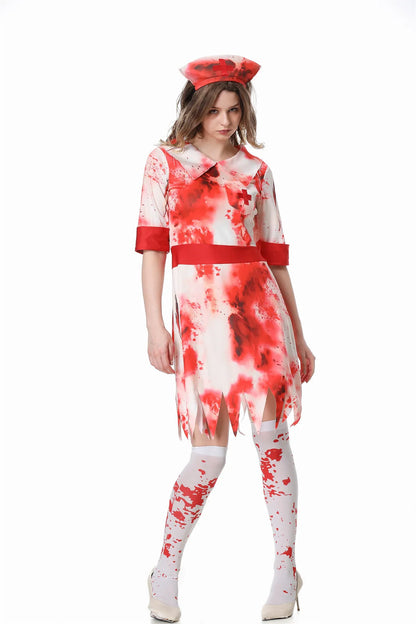 Halloween Scary Nurse Costumes Adult, Horror Bloody Printed Nurse Costume