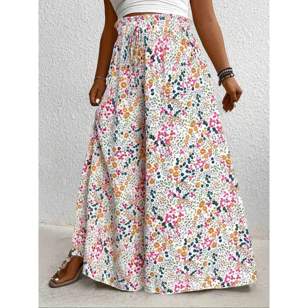 Plus Size 1XL-5XL  Boho Floral Print Wide Leg Pants, Elastic and Drawstring High Waisted Loose Long Trousers