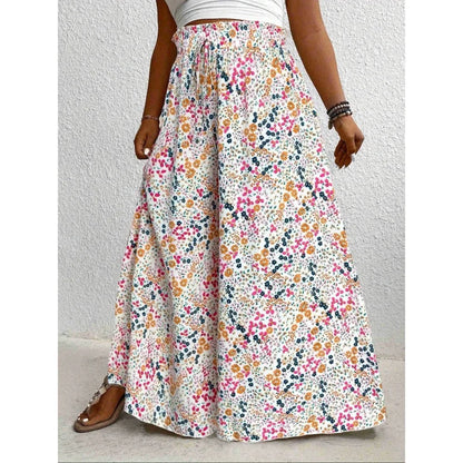 Plus Size 1XL-5XL  Boho Floral Print Wide Leg Pants, Elastic and Drawstring High Waisted Loose Long Trousers