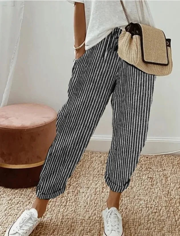 !0 colors, Casual Loose, Striped, Drawstring Elastic Waist Pants With Cuffs and Pockets