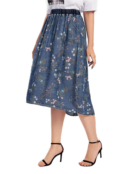 Sizes to 5XL Casual Denim Skirt High Waist ALine Knee Length Blue Vintage Gathered at Waist