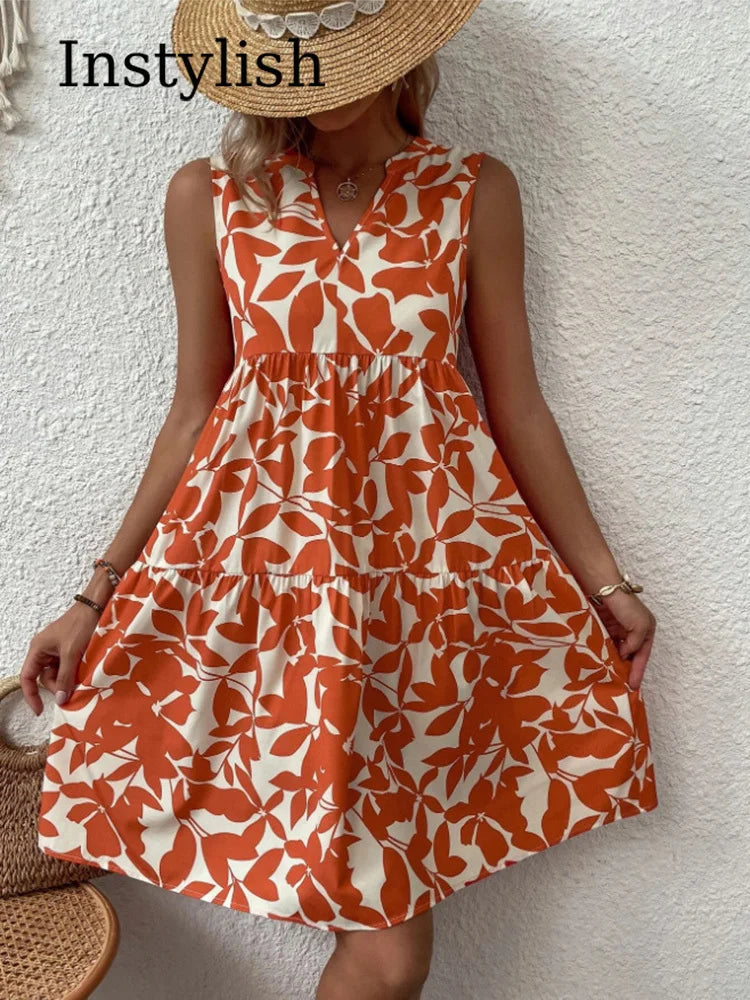 Sizes to 2XL, Boho Print Mini Dress, Sleeveless V Neck, A Line Tank Dress Casual Loose Oversize