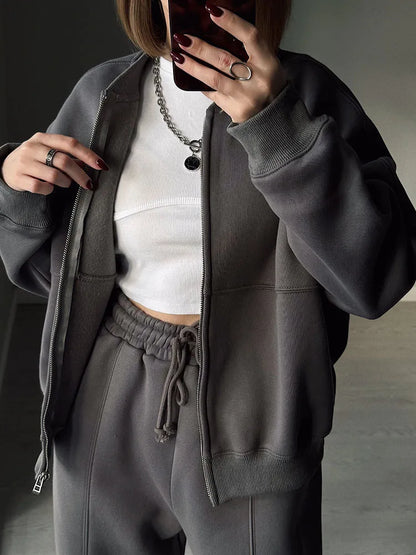 Warm 2 Piece Sweatsuits, Thick Fleece, Zipper Jacket, Batwing Sleeves, Clean Lines
