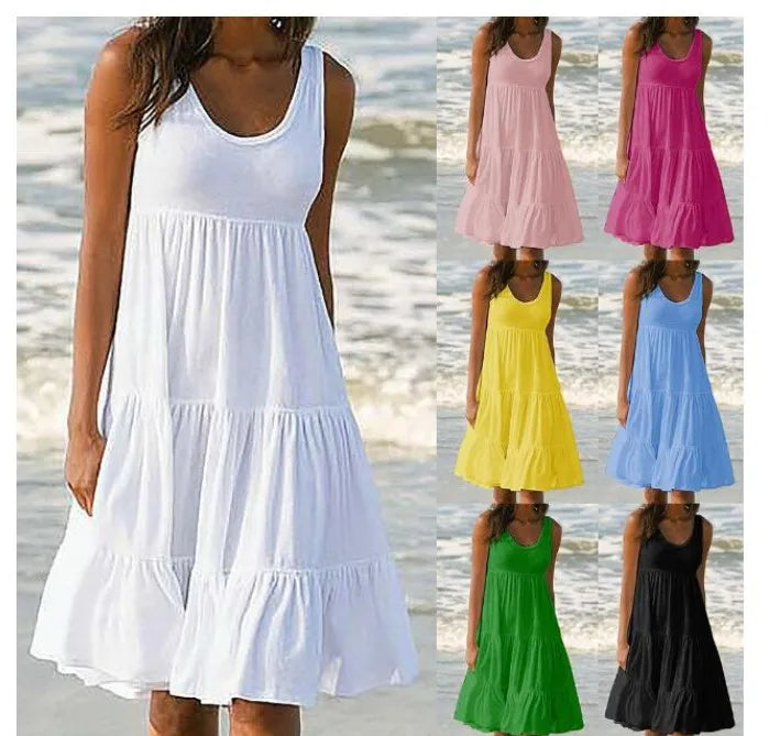 Sizes to 5XL, Casual Boho Tank Top Neck, Sleeveless, Tiered Ruffles, Oversized Loose Dress