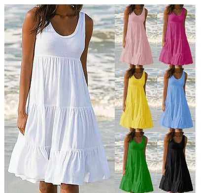 Sizes to 5XL, Casual Boho Tank Top Neck, Sleeveless, Tiered Ruffles, Oversized Loose Dress
