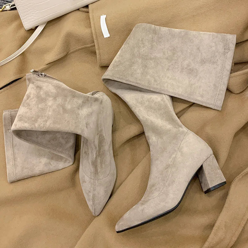 Sexy High Boots Over The Knee, Warm Boots, Suede Back Zipper, Square Heel
