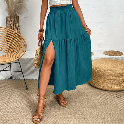 Bohemian Midi Skirt, High Waisted, Solid Colors, Casual with Side Slit, 3 Colors