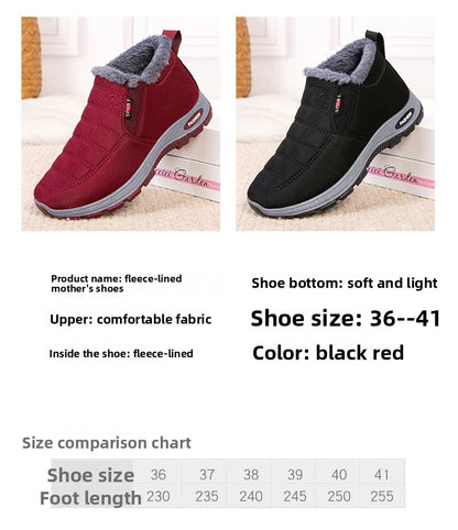 Waterproof Plush, Warm Ankle Snow Boots in Red, Black, Blue, Green, and Tan.