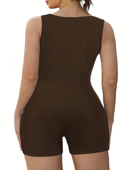 Plus Size Women's Square Neck Sleeveless Yoga Jumpsuit shorts Fitness Ribbed Knit Sportswear
