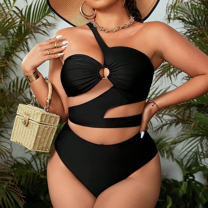 Sizes to 4XL One Shoulder Cut Out Black Swimsuit Curvy Female Bikini Sets