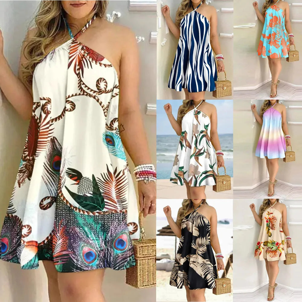 20 Different Designs, Boho Floral Print Backless Halter-Neck Dress