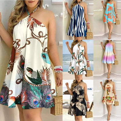 20 Different Designs, Boho Floral Print Backless Halter-Neck Dress