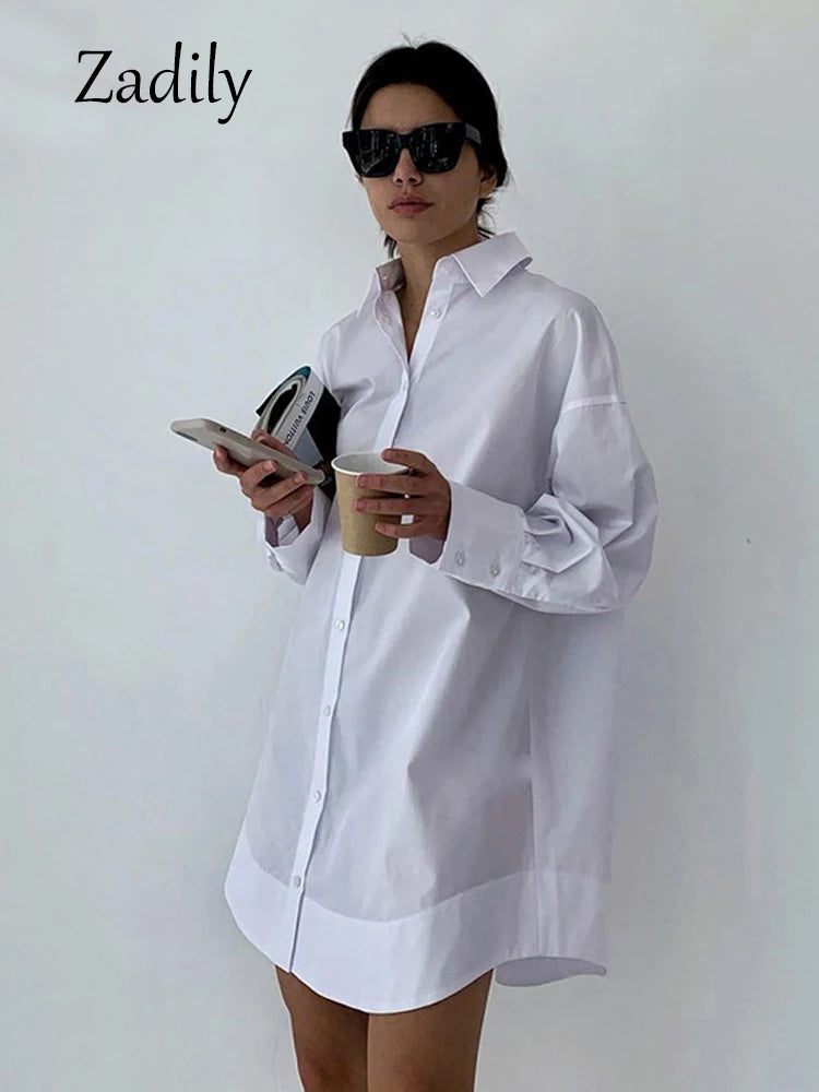 Minimalist White Long Oversized Full Sleeve Button-Up Blouse in Black and White