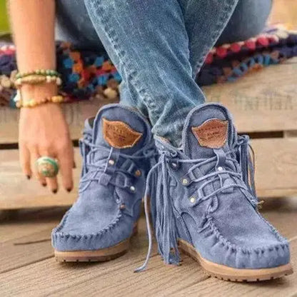 Lace-Up Boho Brushed Denim Ankle Boots with Ties and Tassels