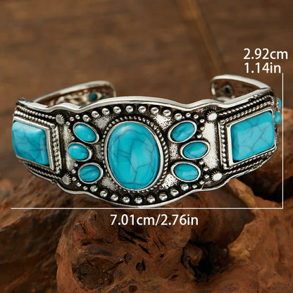 Vintage Bohemian Jewelry Cuff Bracelet with Faux Turquoise Opening Adjustable