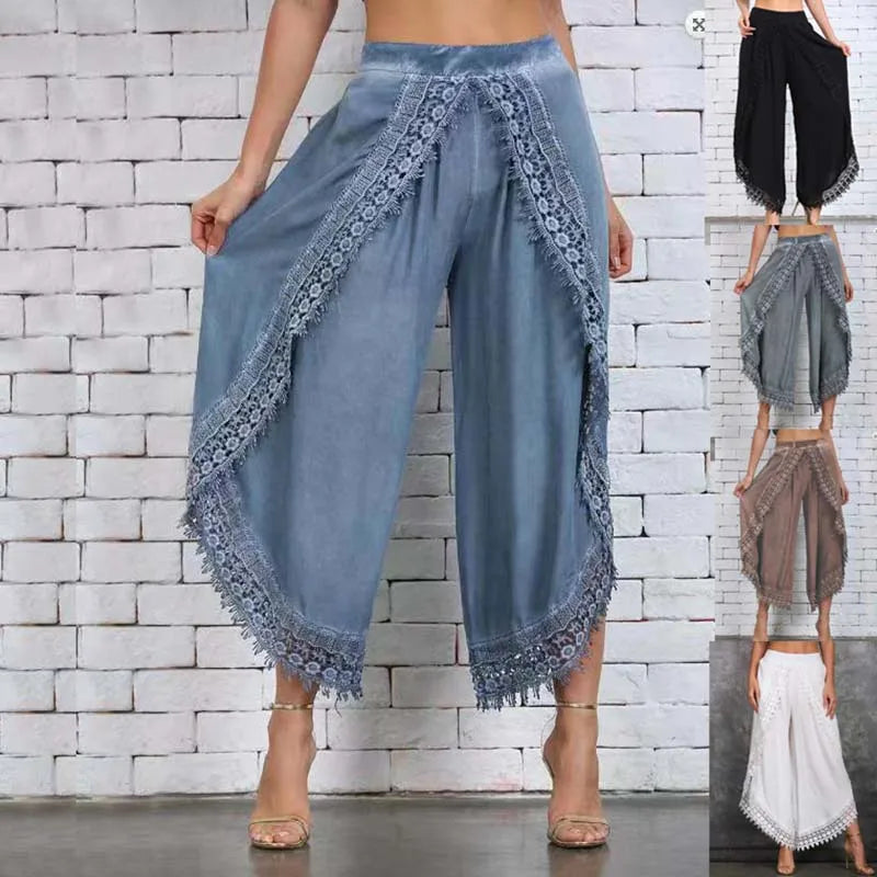 Boho Lace Harem Pants to 5XL, Loose Solid Wide Leg Arc-Shaped Pants with Angular Hem