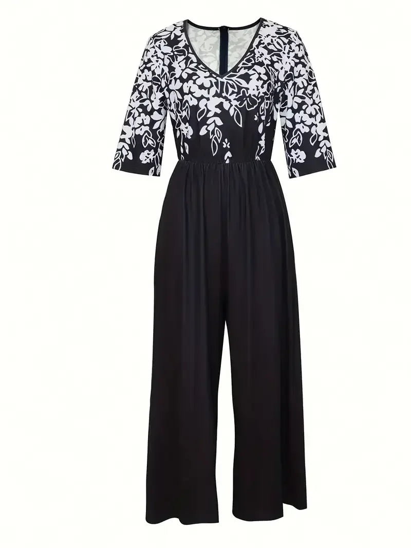Plus Size 1XL-5XL  Short Sleeve Printed Jumpsuit, V-Neck, Pockets, Floral Print on Top