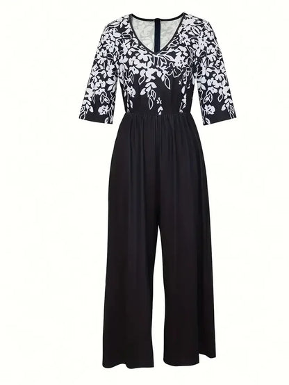 Plus Size 1XL-5XL  Short Sleeve Printed Jumpsuit, V-Neck, Pockets, Floral Print on Top
