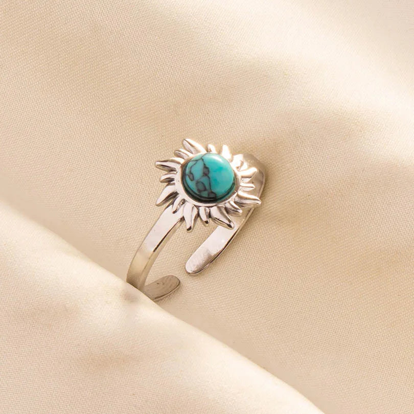 1pc Boho Turquoise Ring Stainless Steel Light Blue Gemstone Silver Adjustable Ring