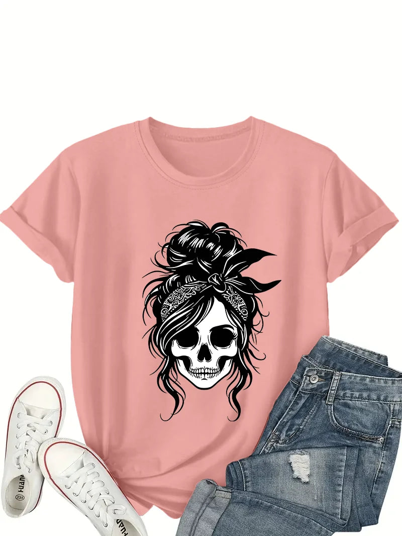 Sizes to 3XL Women's Casual T-Shirt - white skull with an Updo, black tee shirt