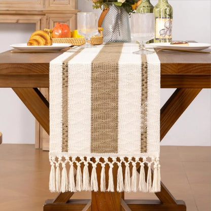Boho Table Runner Farmhouse Burlap Cotton Table Runner with Woven Macrame Tassels. Various Sizes and Colors