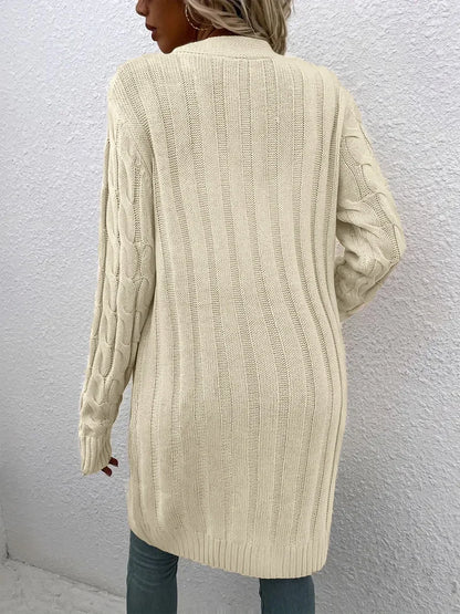 Solid Color Twisted Knit Long Cardigan with Single Buttons and Pockets. Green, Yellow, Turquoise, and White