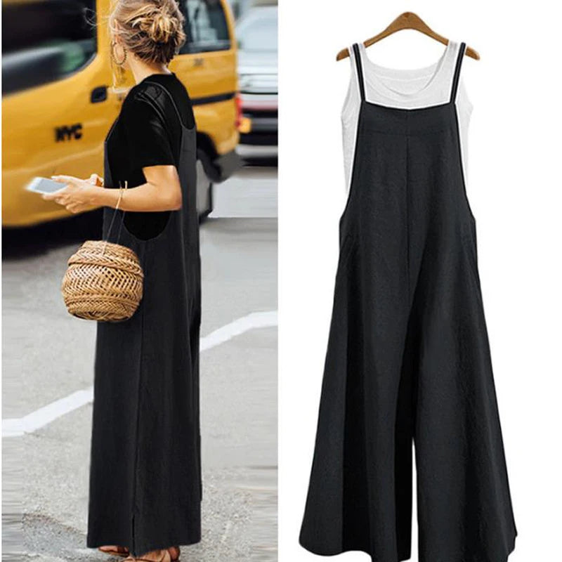Spaghetti Strapped Jumpsuit to Sizes 5XL. Solid Color, Wide Leg Pants. Bibbed Overalls with Pockets. Casual, Loose, Cotton Linen