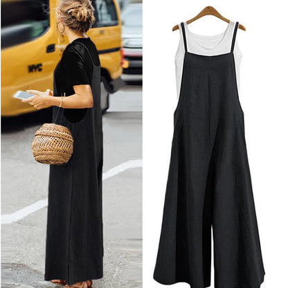 Spaghetti Strapped Jumpsuit to Sizes 5XL. Solid Color, Wide Leg Pants. Bibbed Overalls with Pockets. Casual, Loose, Cotton Linen