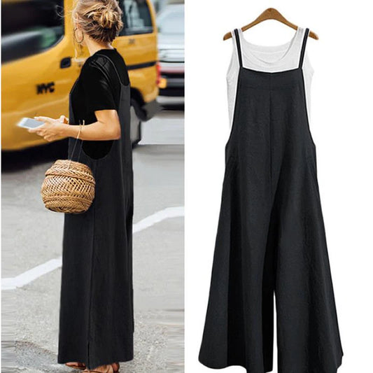 Spaghetti Strapped Jumpsuit to Sizes 5XL. Solid Color, Wide Leg Pants. Bibbed Overalls with Pockets. Casual, Loose, Cotton Linen