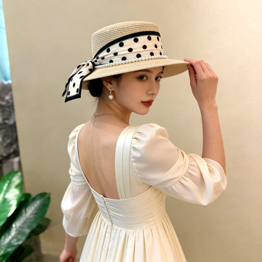 Straw Hat with Polka Dot Ribbon, Pearl, and  Wide Brim Sunshade