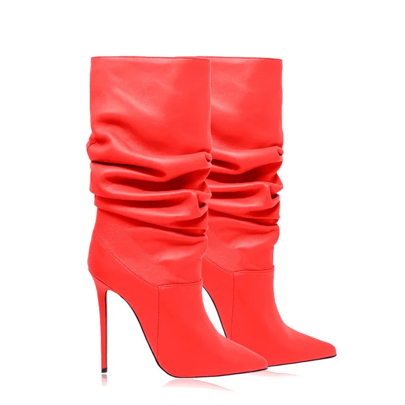 Women Beige Suede Slouch Pointed Toe Stiletto Ankle Boots in Multi-colors: Red, Hot Pink, Grey, Black, Green, Brown, and Purple