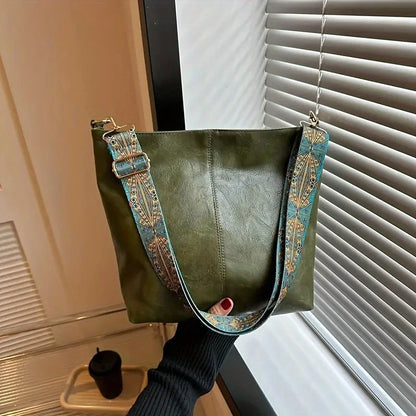 Boho Chic Faux Leather Shoulder Bag Large Capacity Crossbody Tote with Vintage Wide Adjustable Strap