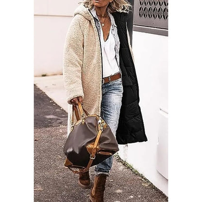 Reversible Sherpa Fleece, Long, Hooded Puffer Coats. Check colors: Brown, Green, Black, Burgundy, Light Gray