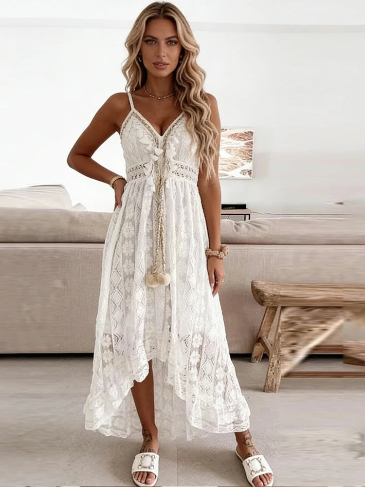 Bohemian Summer Casual V Neck Lace Spaghetti Strap Sundress with High/Low Hem