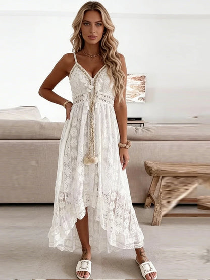 Bohemian Summer Casual V Neck Lace Spaghetti Strap Sundress with High/Low Hem