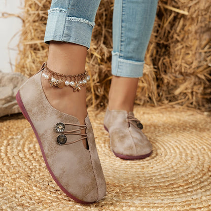 Vintage Button Flat Shoes | Soft Sole Square Toe Slip-on Loafers | Comfy Casual Walking Shoes
