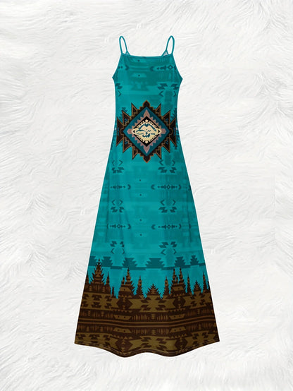Boho Vintage Tribal Print V Neck Slip Dress Lightweight Breathable Fabric