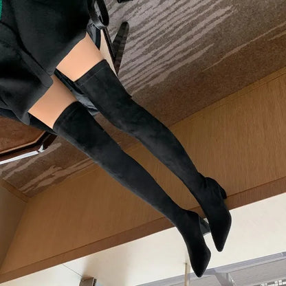 Sexy High Boots Over The Knee, Warm Boots, Suede Back Zipper, Square Heel