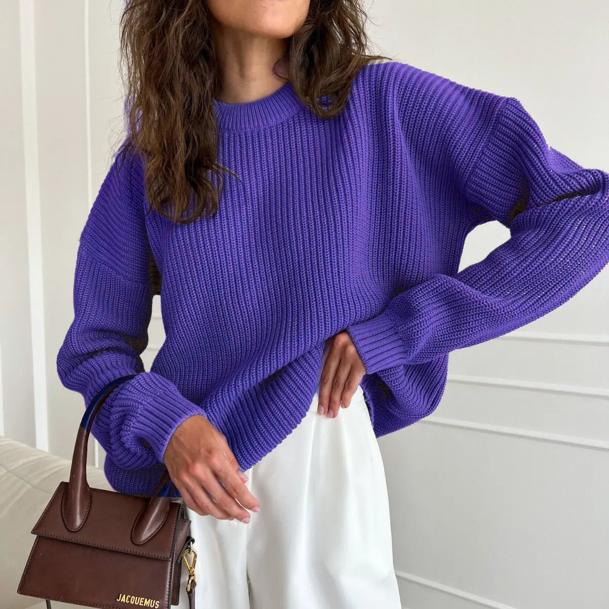 Chunky Knit Oversized Crew-Neck Pullover Sweater, 16 Colors