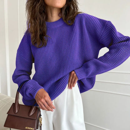 Chunky Knit Oversized Crew-Neck Pullover Sweater, 16 Colors
