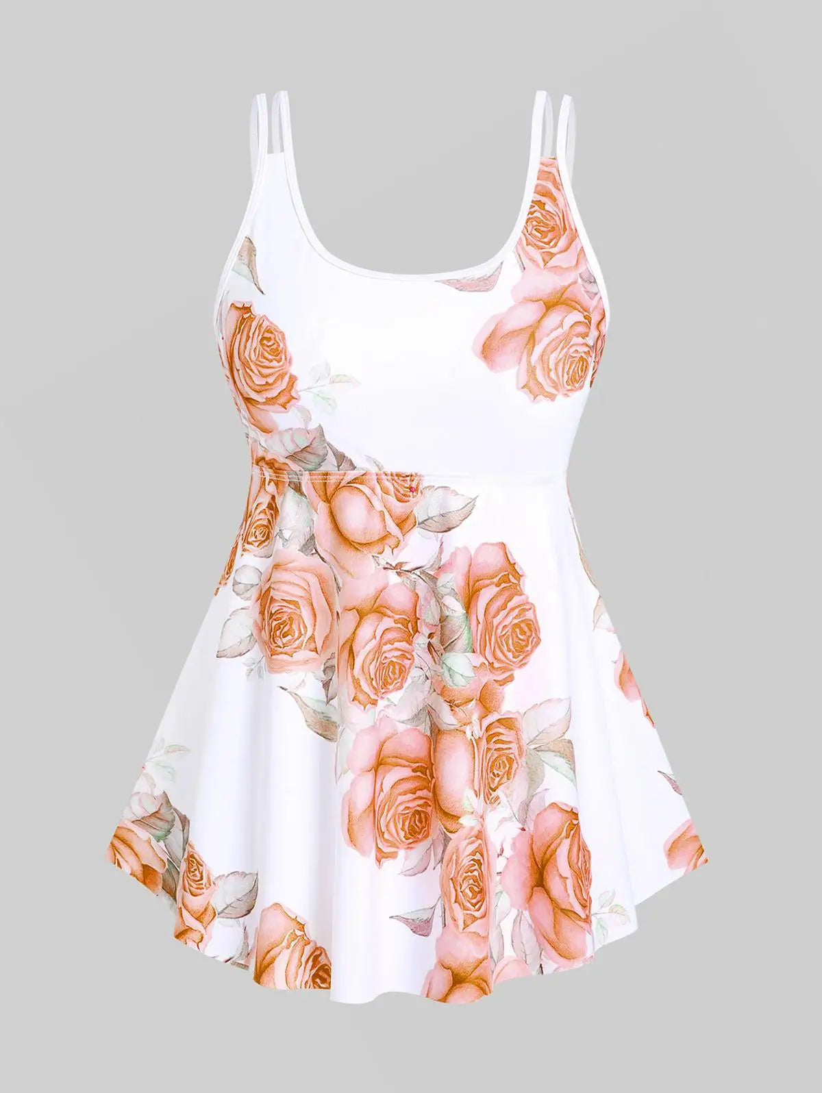 Sizes to 5XL. High Waisted Rose Print Modest Tankini Swimsuit