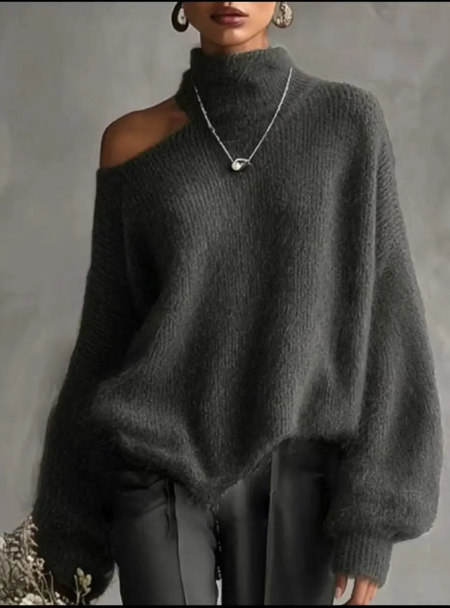 Off-Shoulder High-Collar Loose Knit Pullover, Long Sleeve, 10 Colors in sizes to 2XL