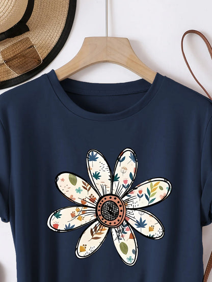 Boho Daisy Sizes to 3XL Women's Tee-shirt, Casual Navy Blue short sleeve Top