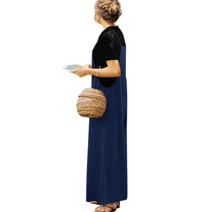 Spaghetti Strapped Jumpsuit to Sizes 5XL. Solid Color, Wide Leg Pants. Bibbed Overalls with Pockets. Casual, Loose, Cotton Linen