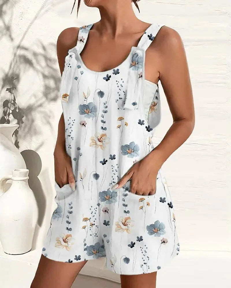 Sizes to 2 XL Loose Jumpsuit Shorts, Sleeveless with Pockets, Solids and Prints