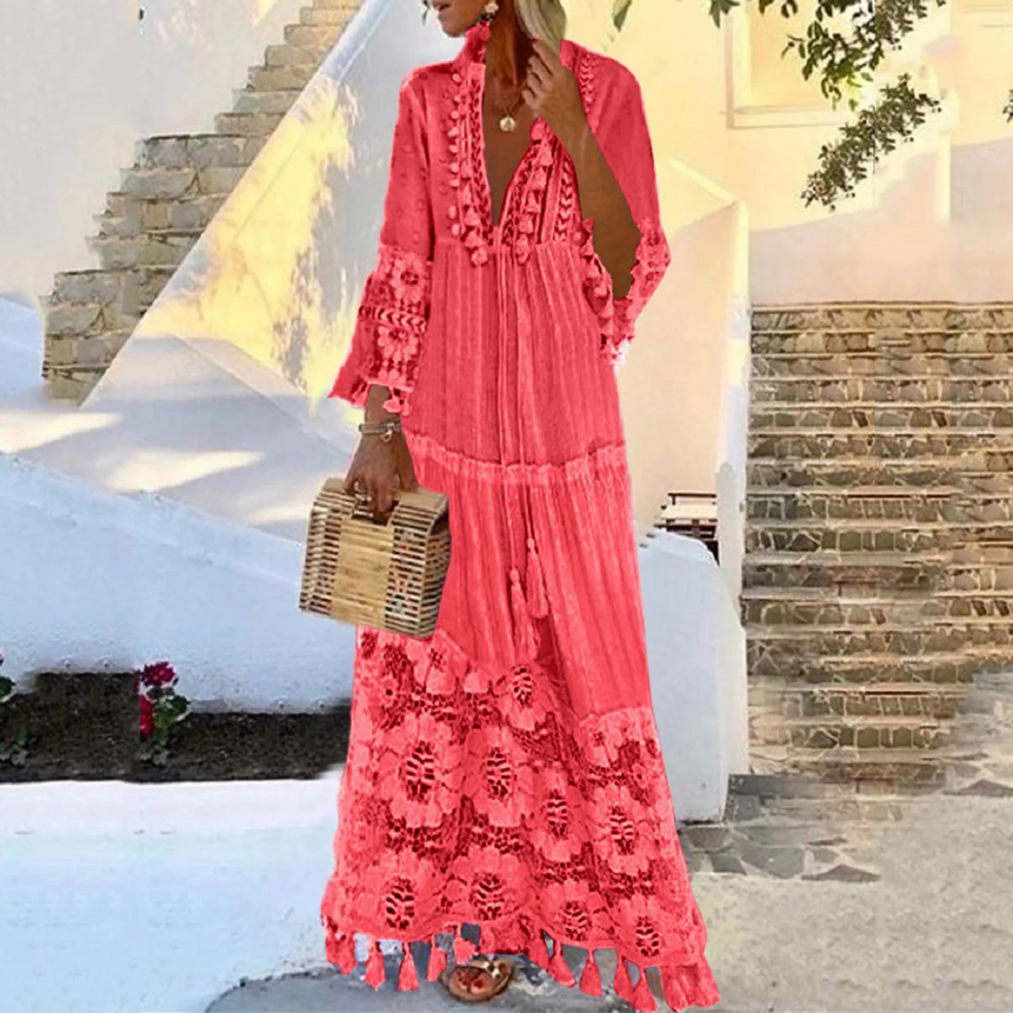 Sizes to 4XL Bohemian V-Neck Tassel Hems, Large Size, Lace flower tier, Casual Dress