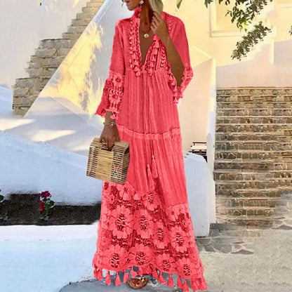 Sizes to 4XL Bohemian V-Neck Tassel Hems, Large Size, Lace flower tier, Casual Dress