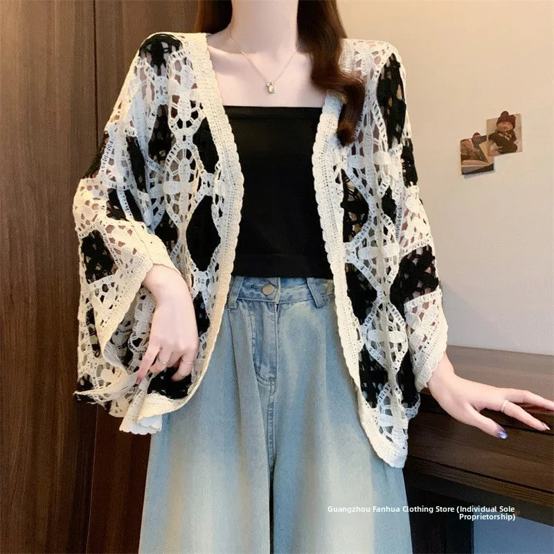 Bohemian Style Hollowed-out Long Sleeve Light Weight Sweater with V Neck and Batwing Sleeves