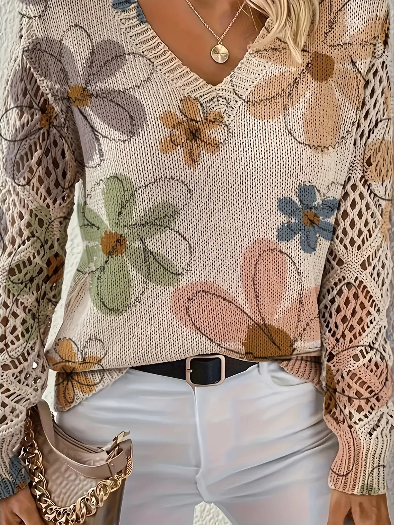 Boho Floral Print V Neck Crocheted Long Sleeved Sweater with Hollowed Out Knit Sleeves in 12 Different Designs