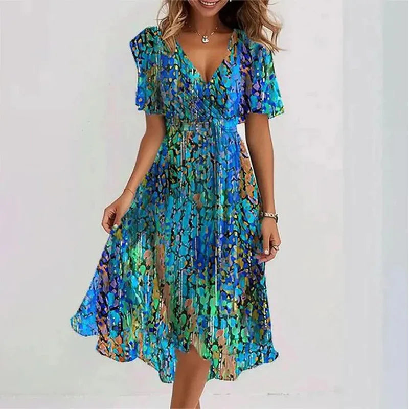 Sizes to 3XL, Loose, Casual, V-neck, Crisscross Top, Tie Waist, Bell Sleeves, Floral Printed Dress